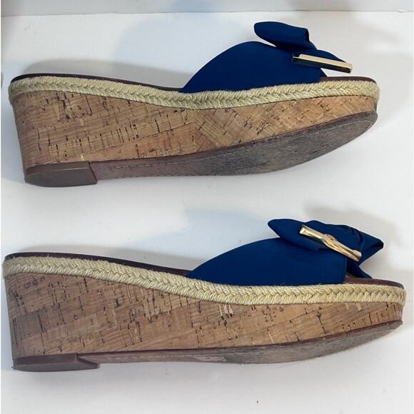 Tory Burch Sandals Wedge Slides Navy Blue Logo Bow Ribbon Size 8.5 - Picture 12 of 14